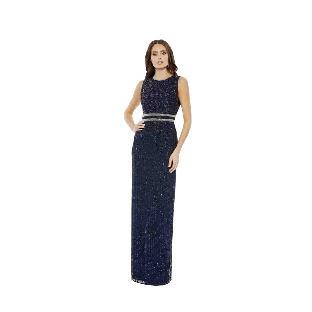 Mac Duggal 93603 Navy Beaded Sleeveless Column Gown Size 8 $298